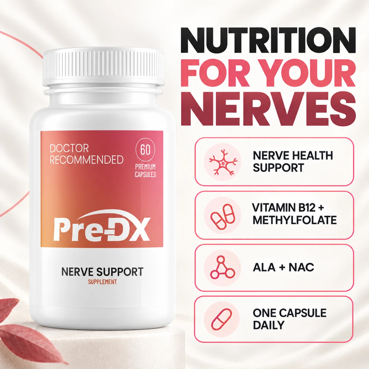 Nutritional support for healthy nerves. Vitamin B12, methylfolate, ALA and NAC. One capsule daily.