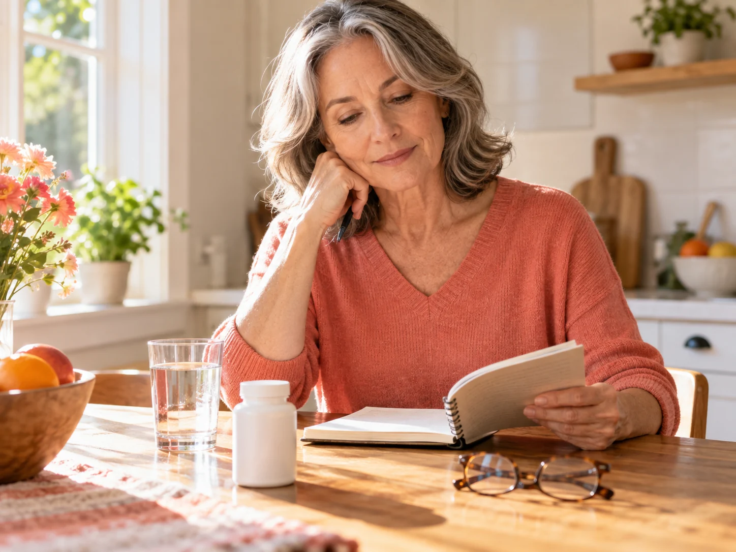 Woman reviewing her health notes at a kitchen table